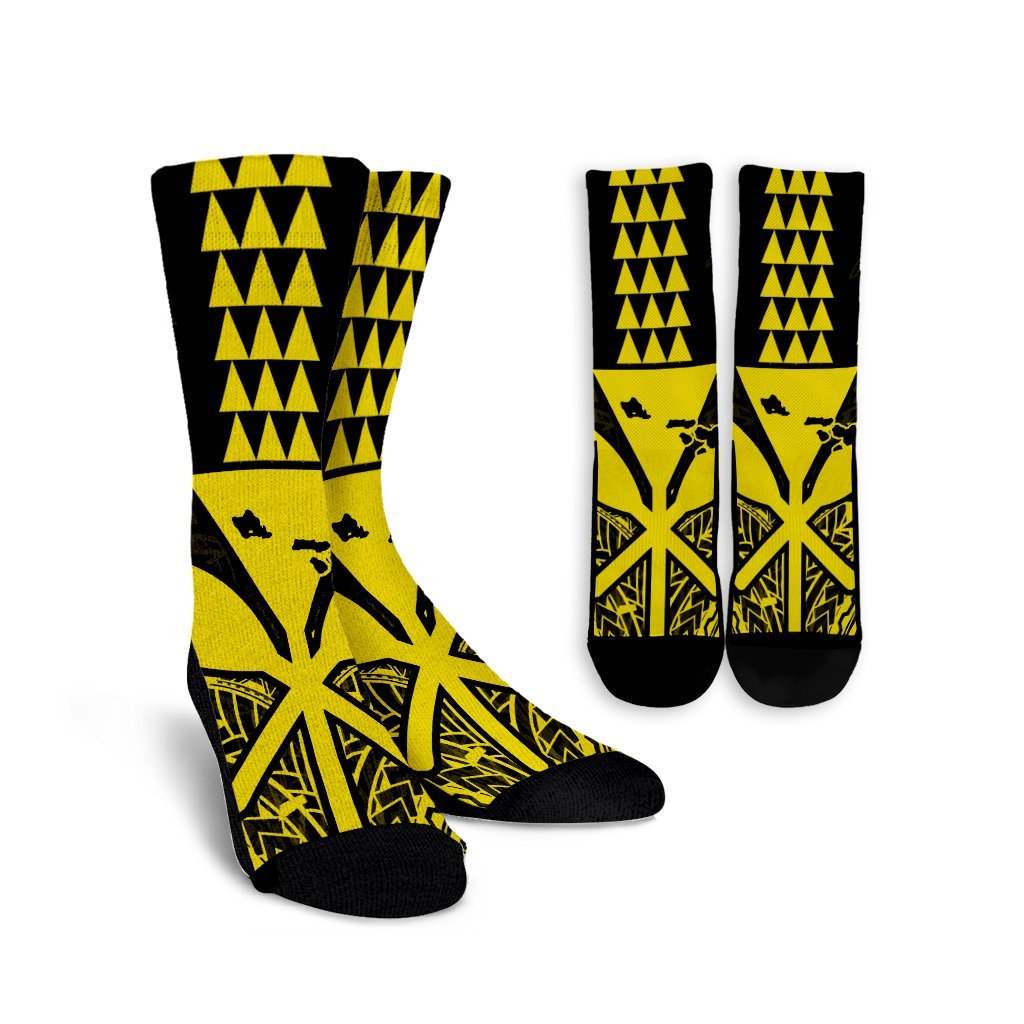 Hawaii Polynesian Kanaka Kakau Crew Socks - Alan Style Yellow - AH Crew Socks White - Polynesian Pride