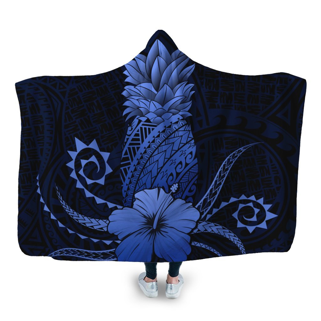 Hawaii Polynesian Pineapple Hibiscus Hooded Blanket - Blue - AH Hooded Blanket White - Polynesian Pride