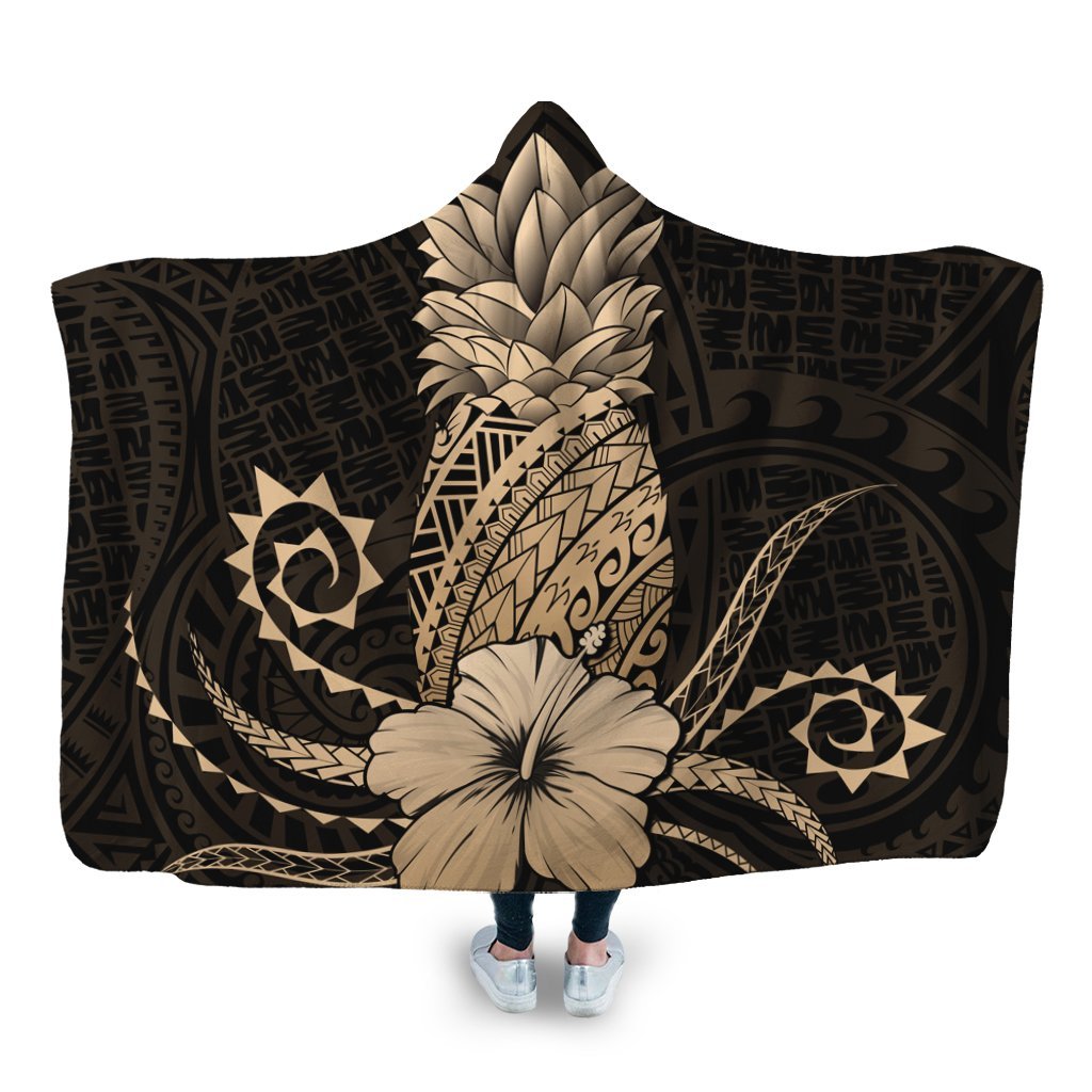 Hawaii Polynesian Pineapple Hibiscus Hooded Blanket - Gold - AH Hooded Blanket White - Polynesian Pride