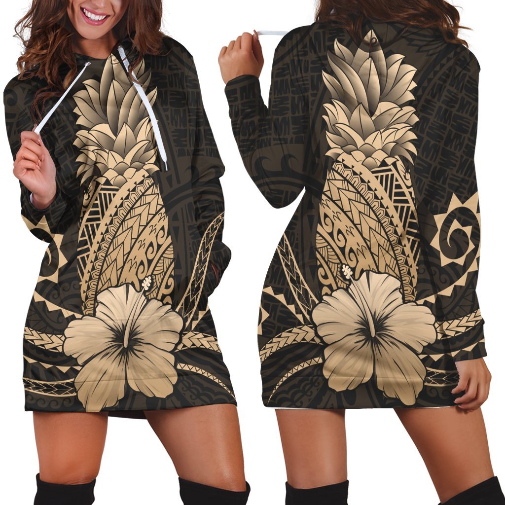 Hawaii Polynesian Pineapple Hibiscus Hoodie Dress - Gold - AH Black - Polynesian Pride