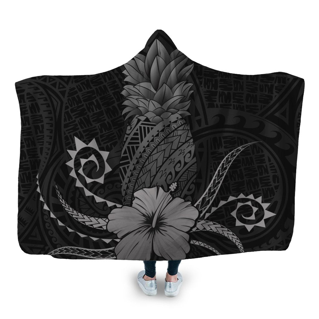 Hawaii Polynesian Pineapple Hibiscus Hooded Blanket - Gray - AH Hooded Blanket White - Polynesian Pride