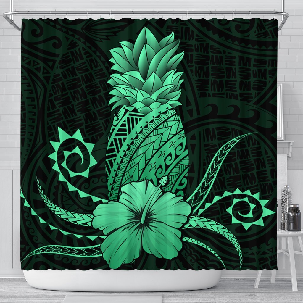 Hawaii Polynesian Pineapple Hibiscus Shower Curtain - Green - AH 177 x 172 (cm) Black - Polynesian Pride