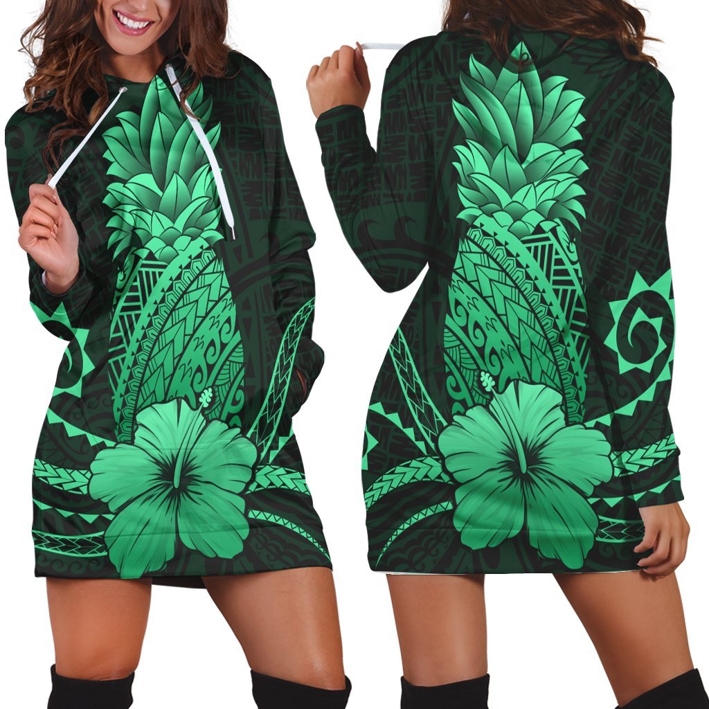 Hawaii Polynesian Pineapple Hibiscus Hoodie Dress - Green - AH Black - Polynesian Pride