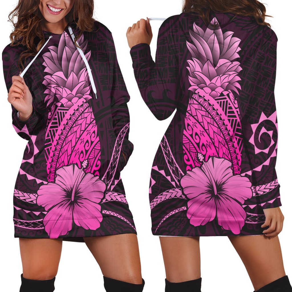 Hawaii Polynesian Pineapple Hibiscus Hoodie Dress - Pink - AH Black - Polynesian Pride