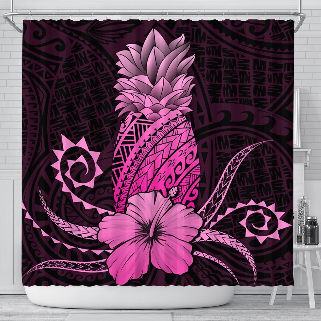 Hawaii Polynesian Pineapple Hibiscus Shower Curtain - Pink - AH 177 x 172 (cm) Black - Polynesian Pride