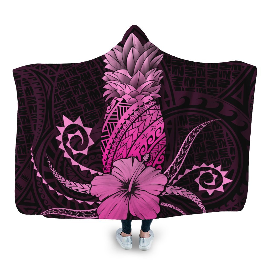 Hawaii Polynesian Pineapple Hibiscus Hooded Blanket - Pink - AH Hooded Blanket White - Polynesian Pride