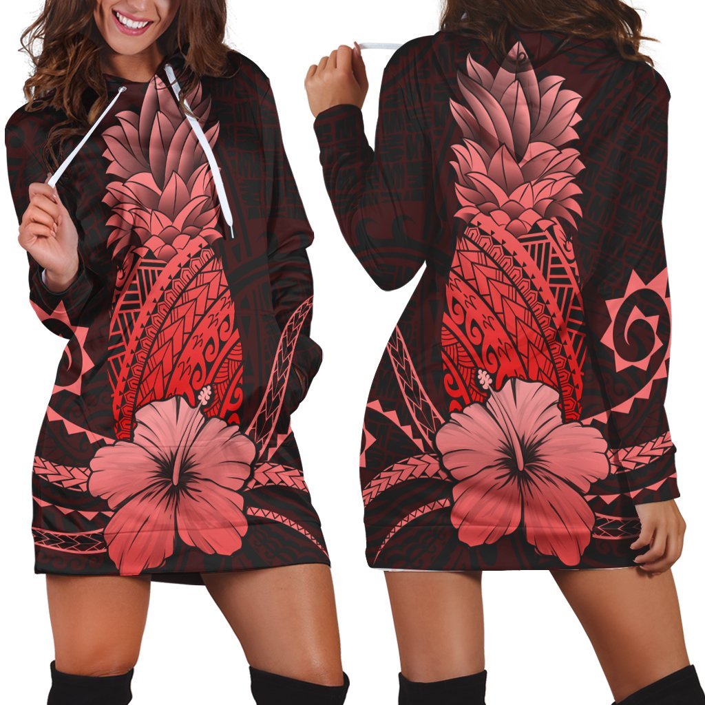 Hawaii Polynesian Pineapple Hibiscus Hoodie Dress - Red - AH Black - Polynesian Pride