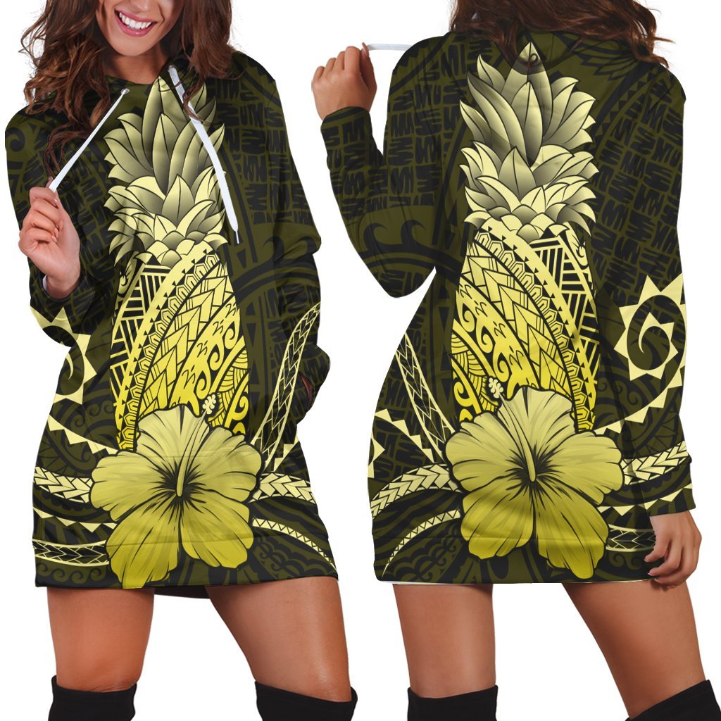 Hawaii Polynesian Pineapple Hibiscus Hoodie Dress - Yellow - AH Black - Polynesian Pride