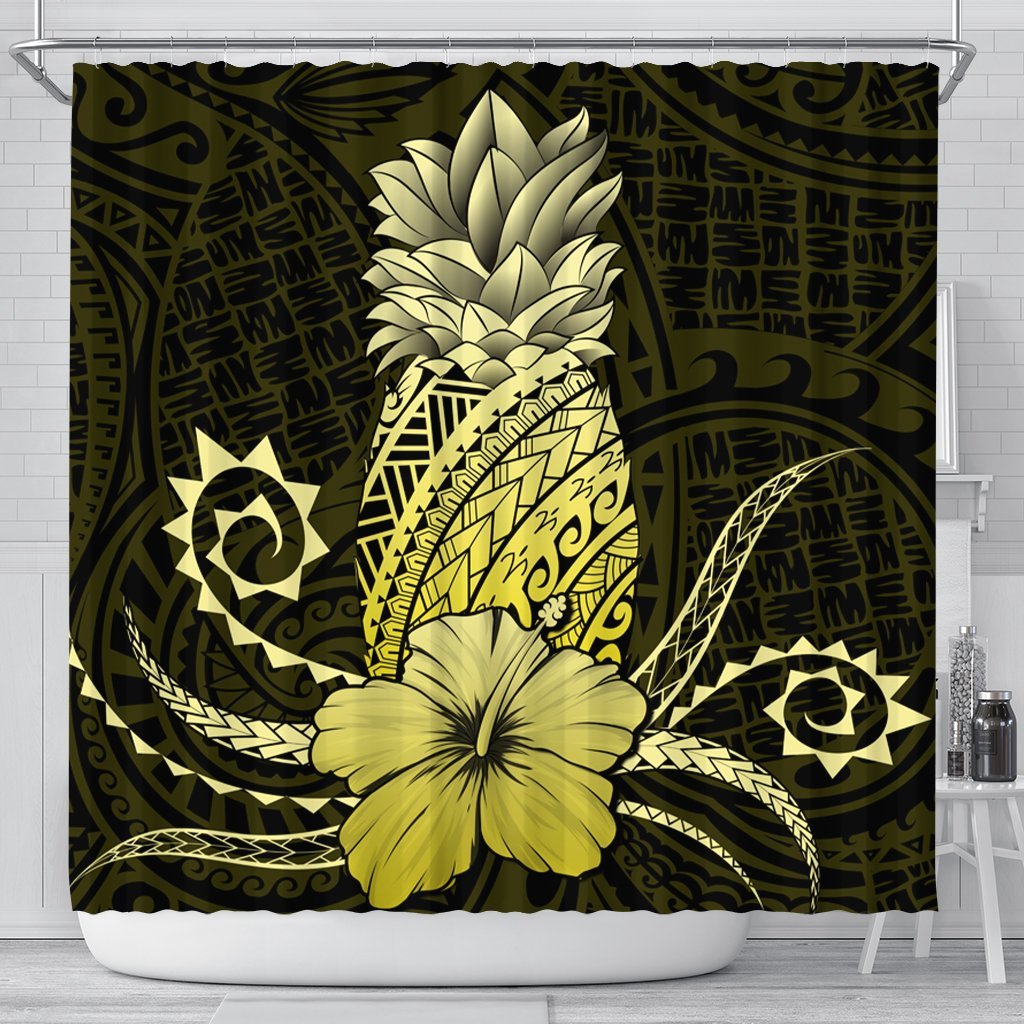 Hawaii Polynesian Pineapple Hibiscus Shower Curtain - Yellow - AH 177 x 172 (cm) Black - Polynesian Pride