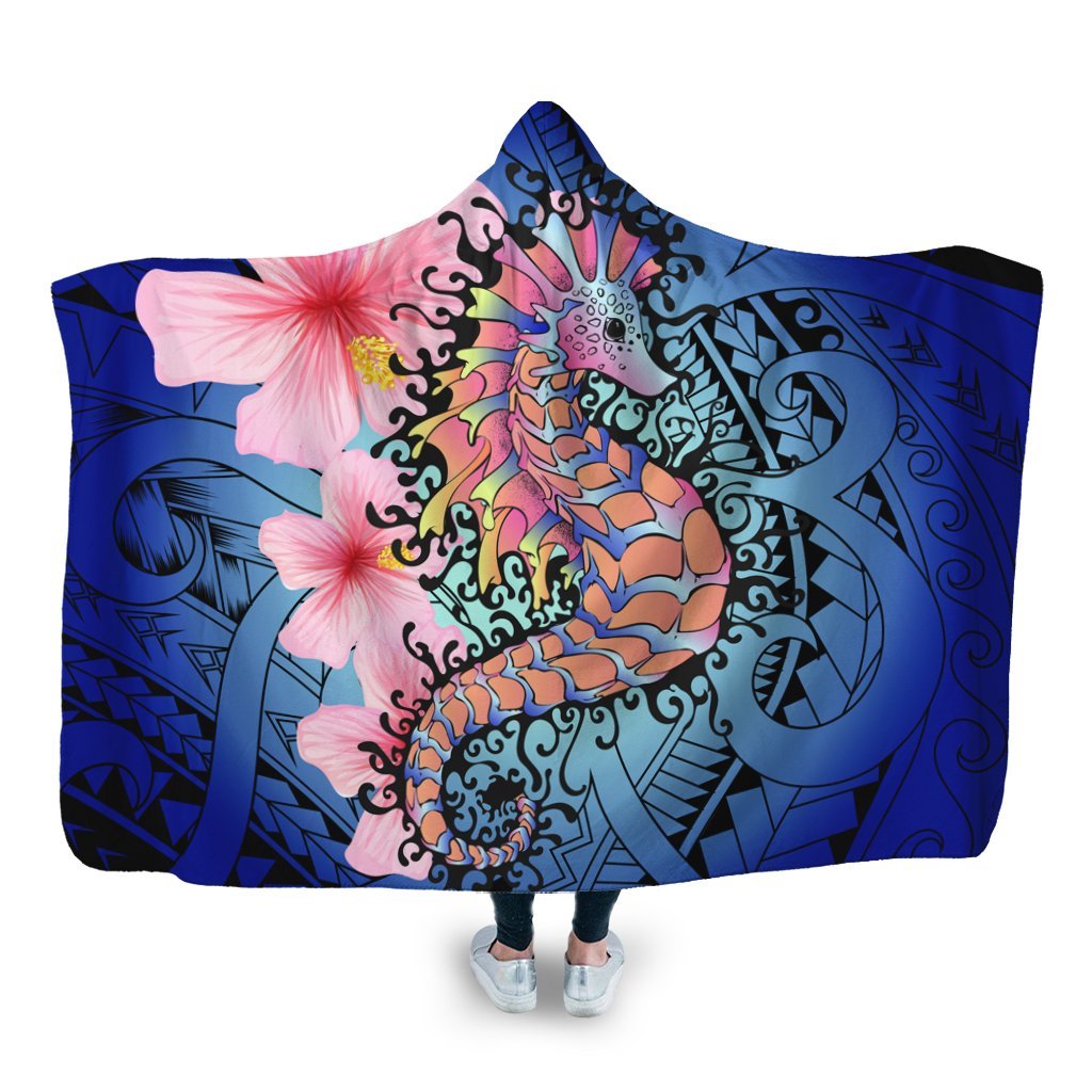 Hawaii Polynesian Pink Hibiscus Seahorse Hooded Blanket - AH Hooded Blanket White - Polynesian Pride