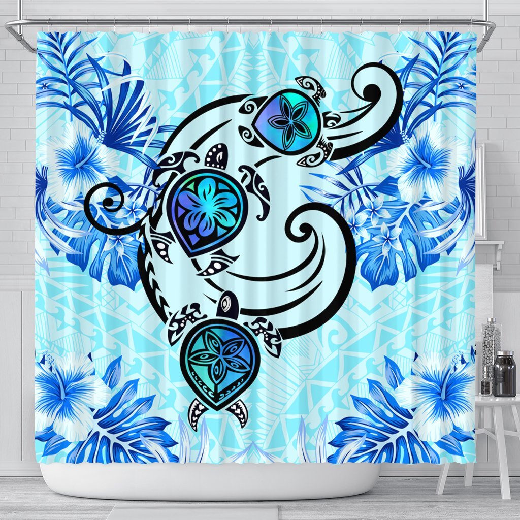 Hawaii Polynesian Plumeria Hibiscus Turtle Shower Curtain - AH - Jack Style - Blue 177 x 172 (cm) Black - Polynesian Pride