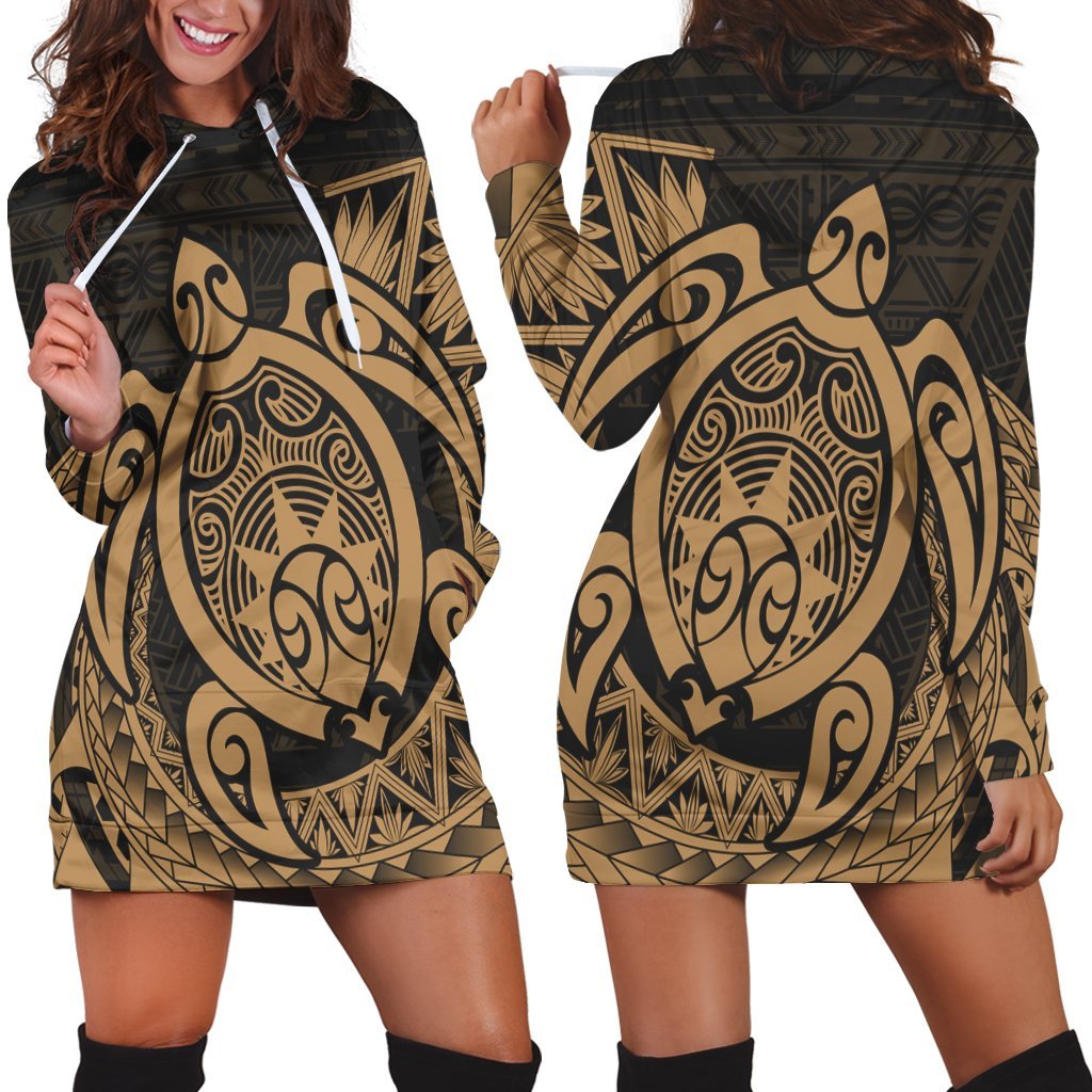 Hawaii Polynesian Turtle Hoodie Dress - Gold - AH Black - Polynesian Pride