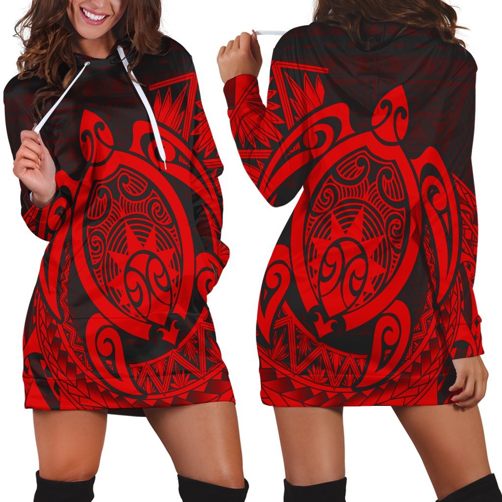 Hawaii Polynesian Turtle Hoodie Dress - Red - AH Black - Polynesian Pride