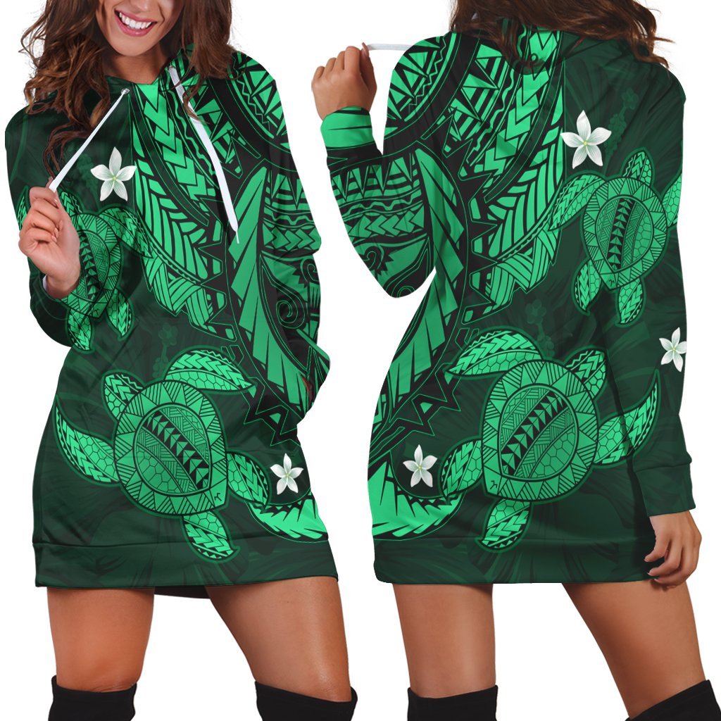 Hawaii Polynesian Turtle Hibiscus Hoodie Dress - Green - AH Black - Polynesian Pride