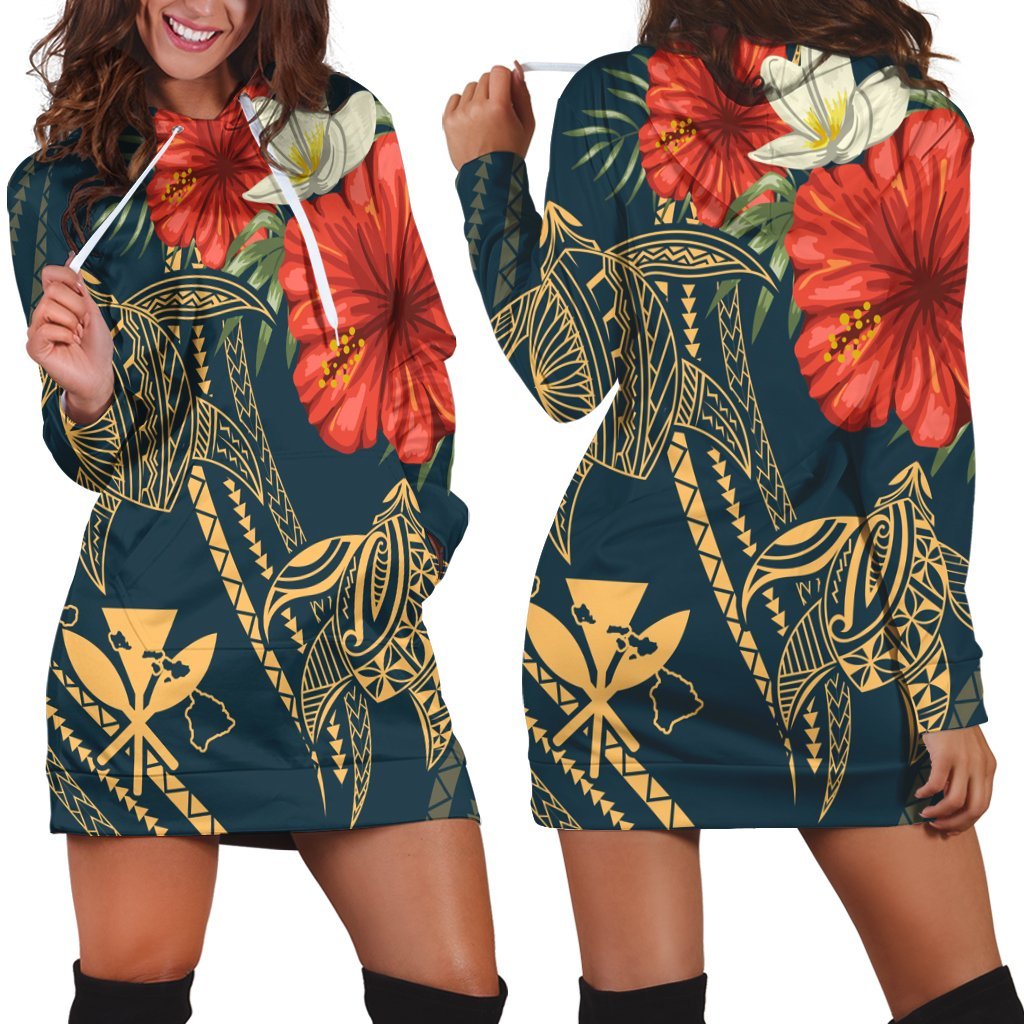 Hawaii Polynesian Turtle Hibiscus Hoodie Dress - Nolan Style - AH Black - Polynesian Pride