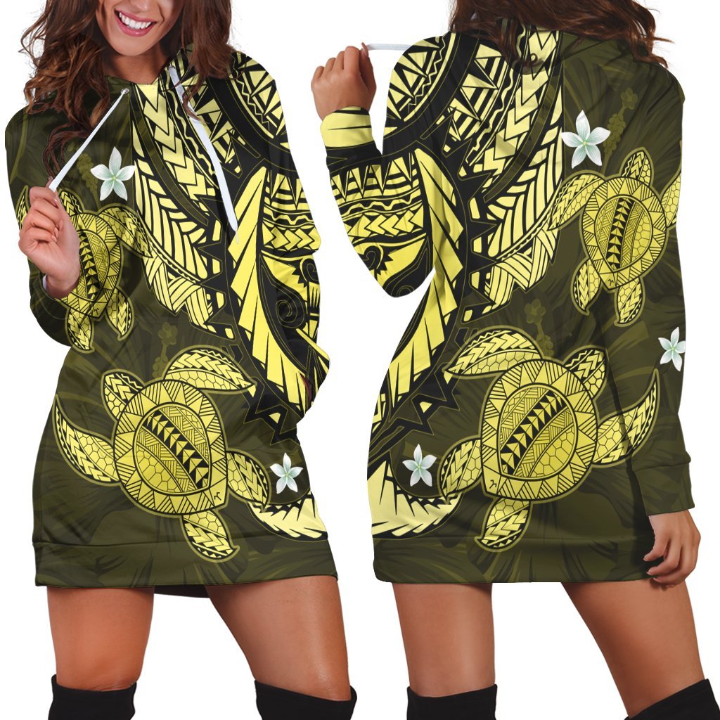 Hawaii Polynesian Turtle Hibiscus Hoodie Dress - Yelow - AH Black - Polynesian Pride