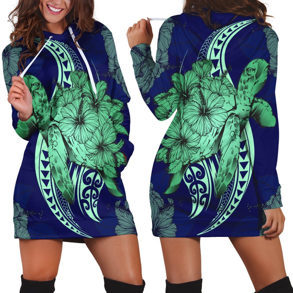 Hawaii Polynesian Turtle Hibiscus Hoodie Dress1 - AH Black - Polynesian Pride