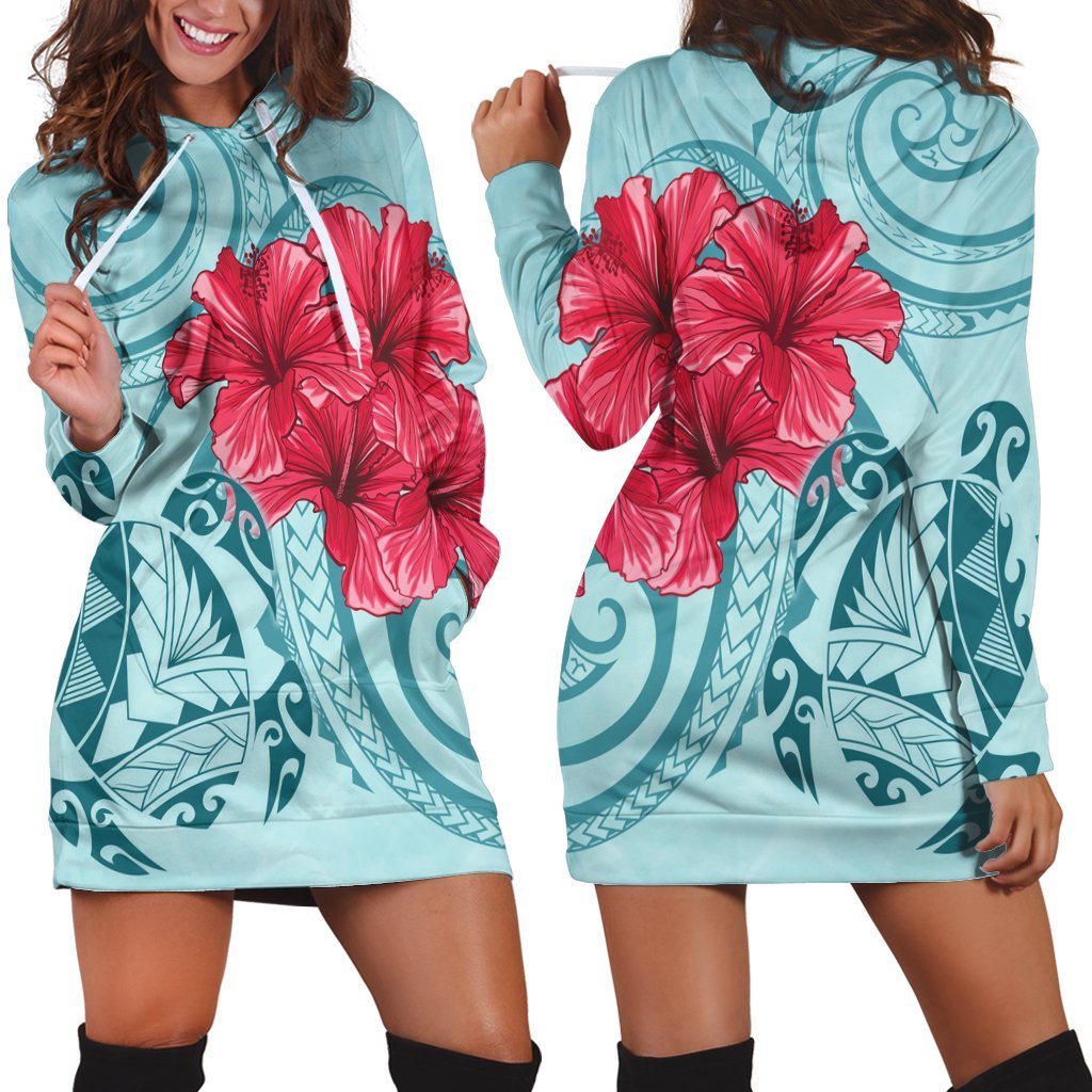 Hawaii Polynesian Turtle Hibiscus Blue Hoodie Dress - Bless Style - AH Black - Polynesian Pride