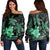 Hawaii Polynesian Turtle Plumeria Women's Off Shoulder Sweater - Pog Style Green - AH Black - Polynesian Pride