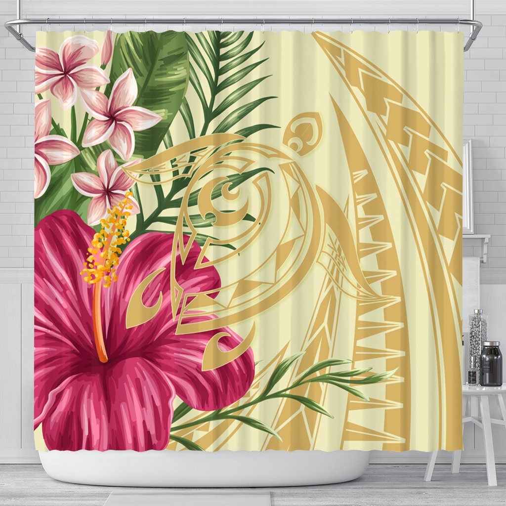 Hawaii Polynesian Turtle Tropical Hibiscus Plumeria Shower Curtain - Beige - AH 177 x 172 (cm) Black - Polynesian Pride