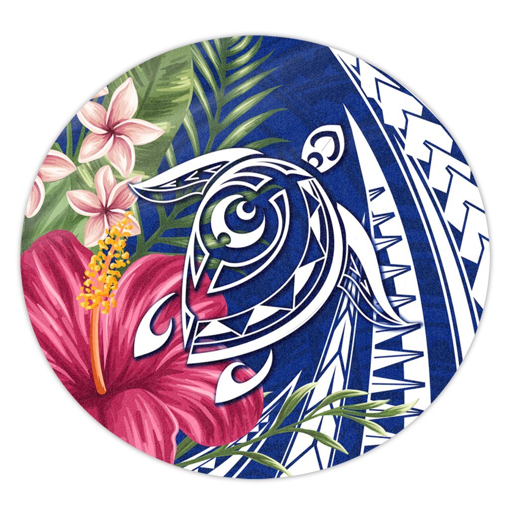 Hawaii Polynesian Turtle Tropical Hibiscus Plumeria Round Carpet - Blue - AH Luxurious Plush - Polynesian Pride