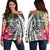 Hawaii Polynesian Turtle Tropical Hibiscus Plumeria Women's Off Shoulder Sweater - Gray - AH Black - Polynesian Pride