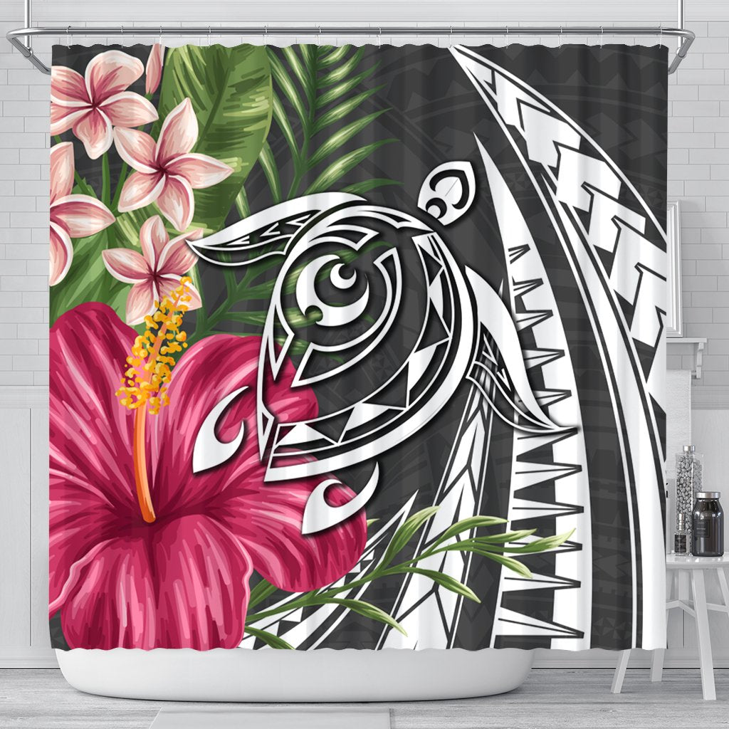 Hawaii Polynesian Turtle Tropical Hibiscus Plumeria Shower Curtain - Gray - AH 177 x 172 (cm) Black - Polynesian Pride