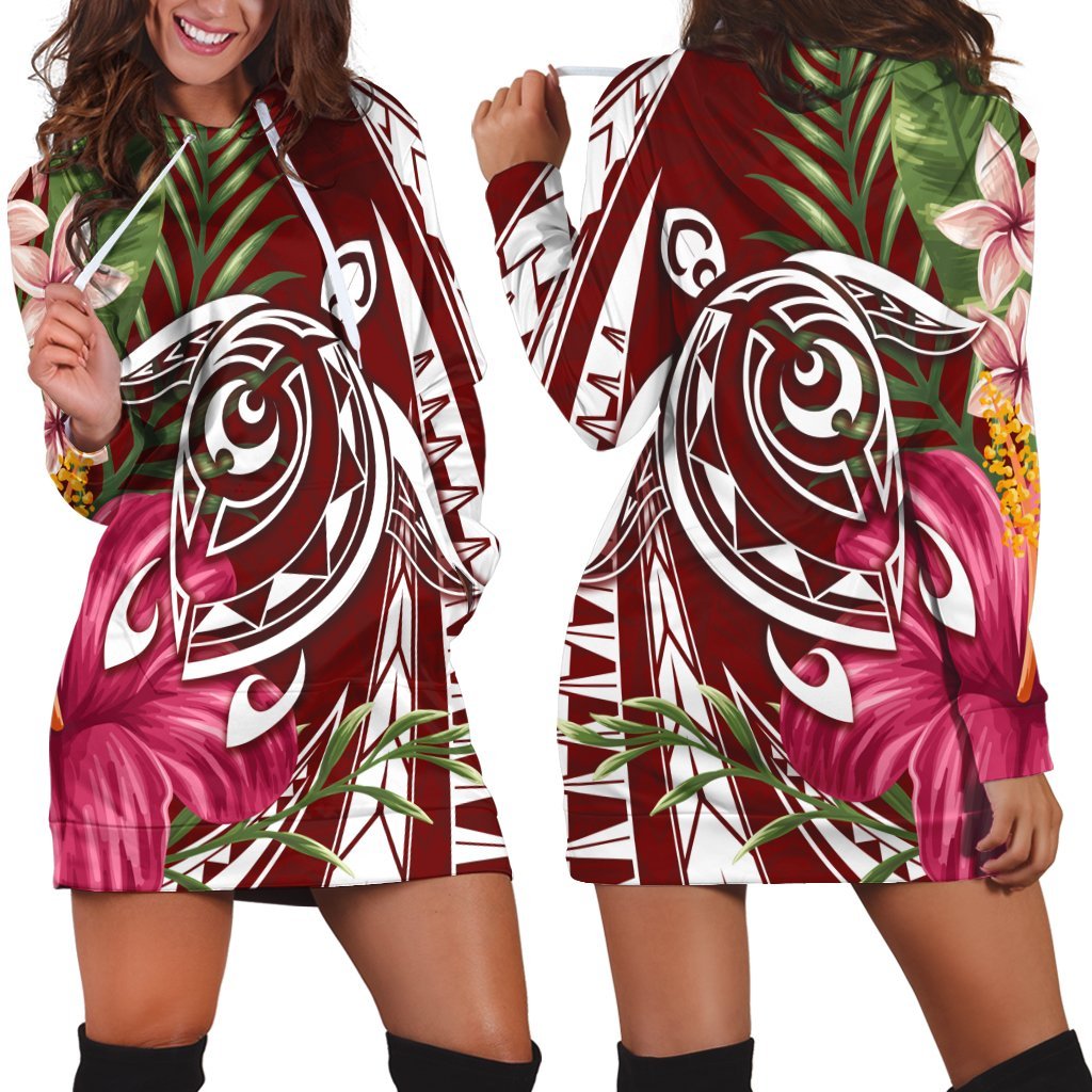 Hawaii Polynesian Turtle Tropical Hibiscus Plumeria Hoodie Dress - Red - AH Black - Polynesian Pride