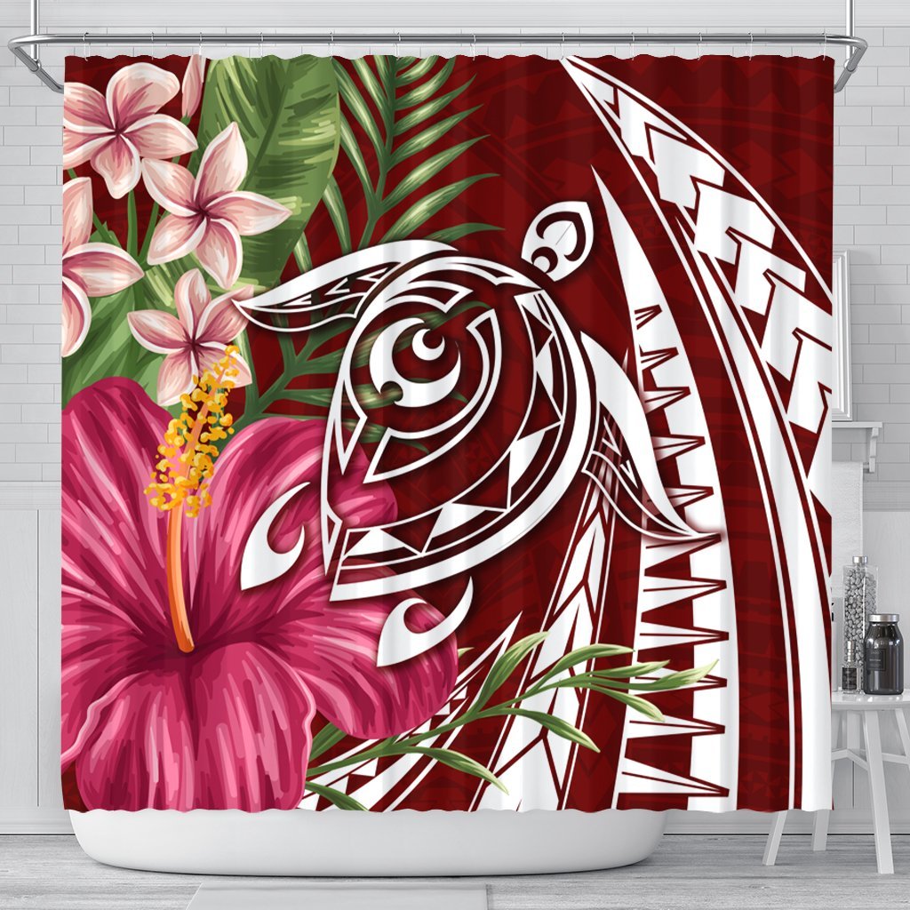 Hawaii Polynesian Turtle Tropical Hibiscus Plumeria Shower Curtain - Red - AH 177 x 172 (cm) Black - Polynesian Pride