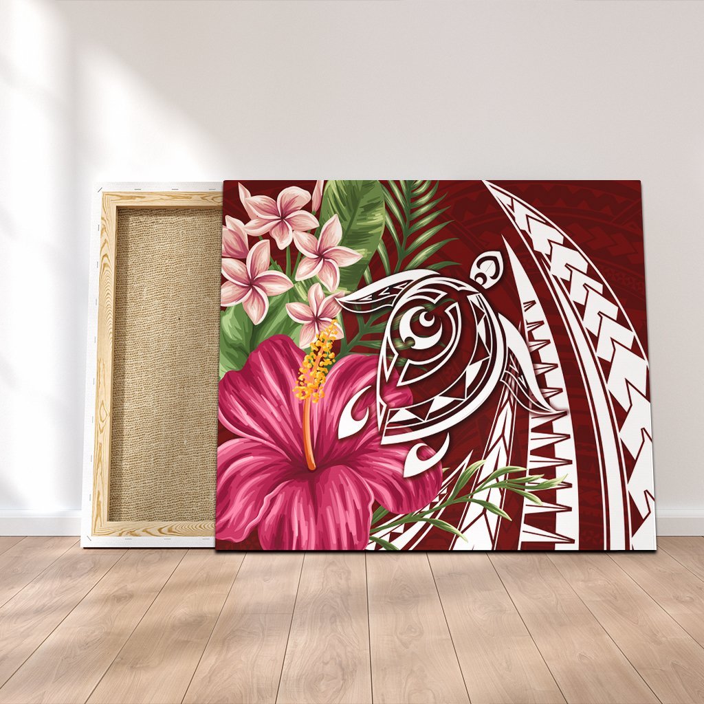 Hawaii Polynesian Turtle Tropical Hibiscus Plumeria Canvas - Red - AH Canvas Poly-cotton - Polynesian Pride