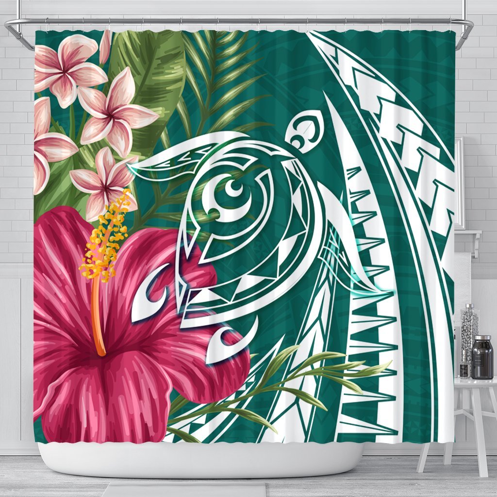 Hawaii Polynesian Turtle Tropical Hibiscus Plumeria Shower Curtain - Turquoise - AH 177 x 172 (cm) Black - Polynesian Pride