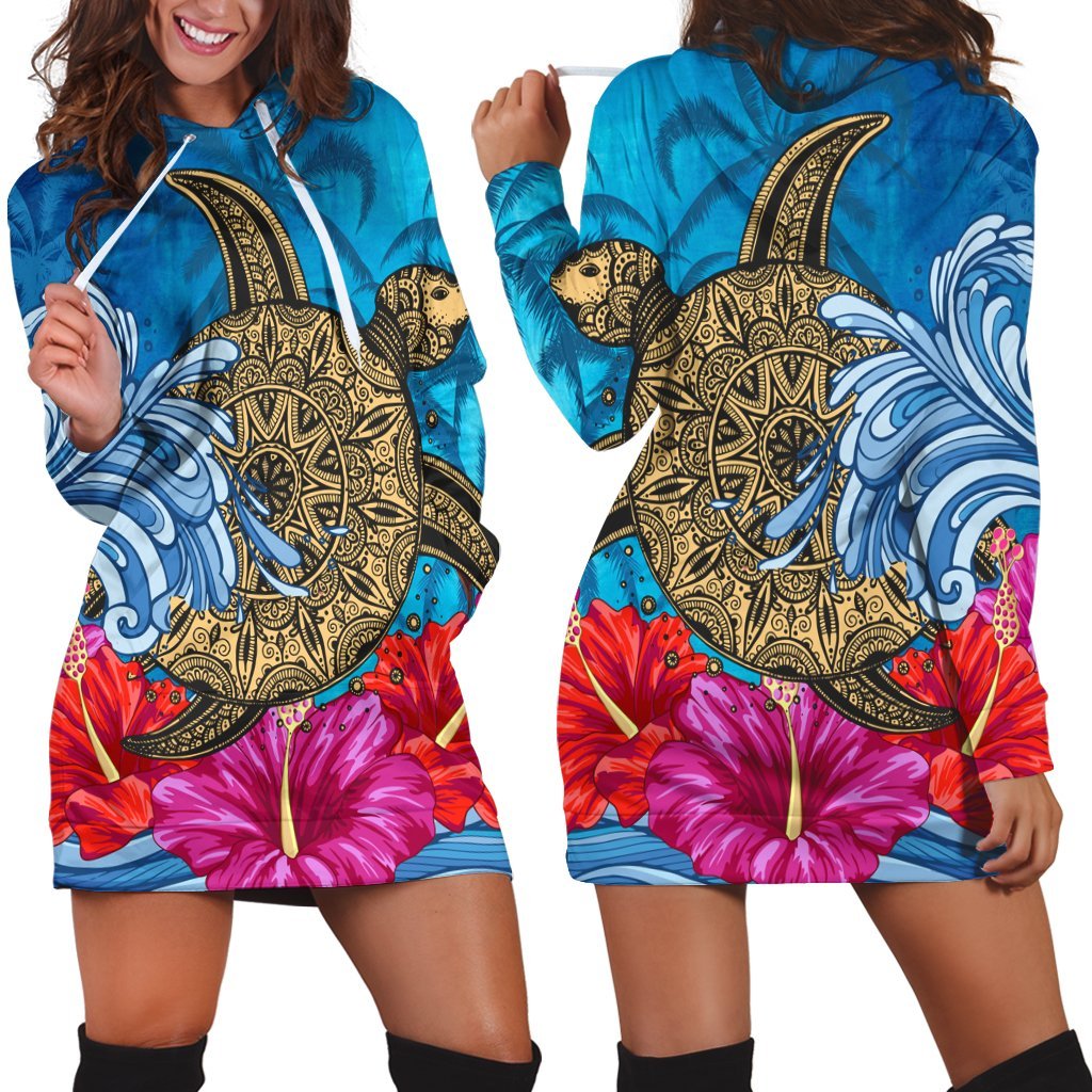 Hawaii Sea Turtle Hibiscus Coconut Tree Hoodie Dress - AH Black - Polynesian Pride