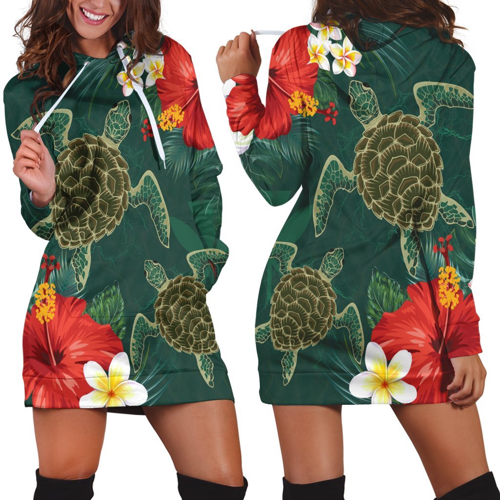 Hawaii Sea Turtle Hibiscus Plumria Hoodie Dress - AH Black - Polynesian Pride