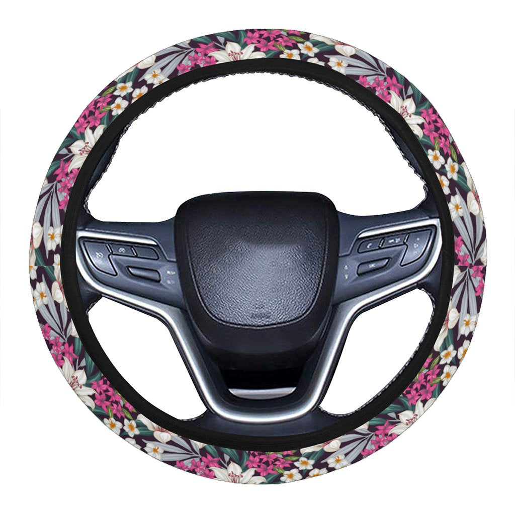 Hawaii Seamless Exotic Pattern With Tropical Leaves Flowers Hawaii Universal Steering Wheel Cover with Elastic Edge One Size Blue Steering Wheel Cover - Polynesian Pride