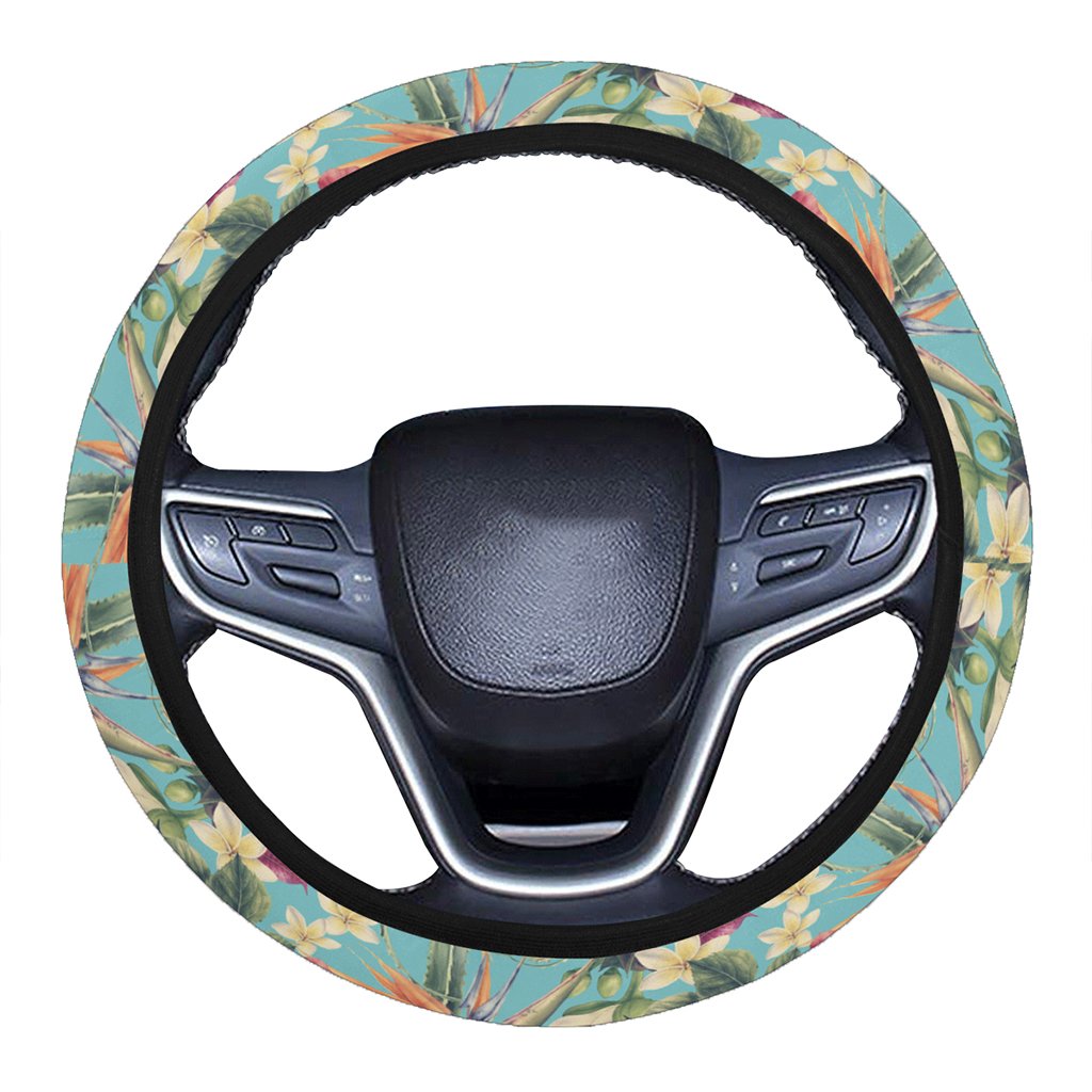 Hawaii Seamless Floral Pattern With Tropical Hibiscus, Watercolor Hawaii Universal Steering Wheel Cover with Elastic Edge One Size Blue Steering Wheel Cover - Polynesian Pride