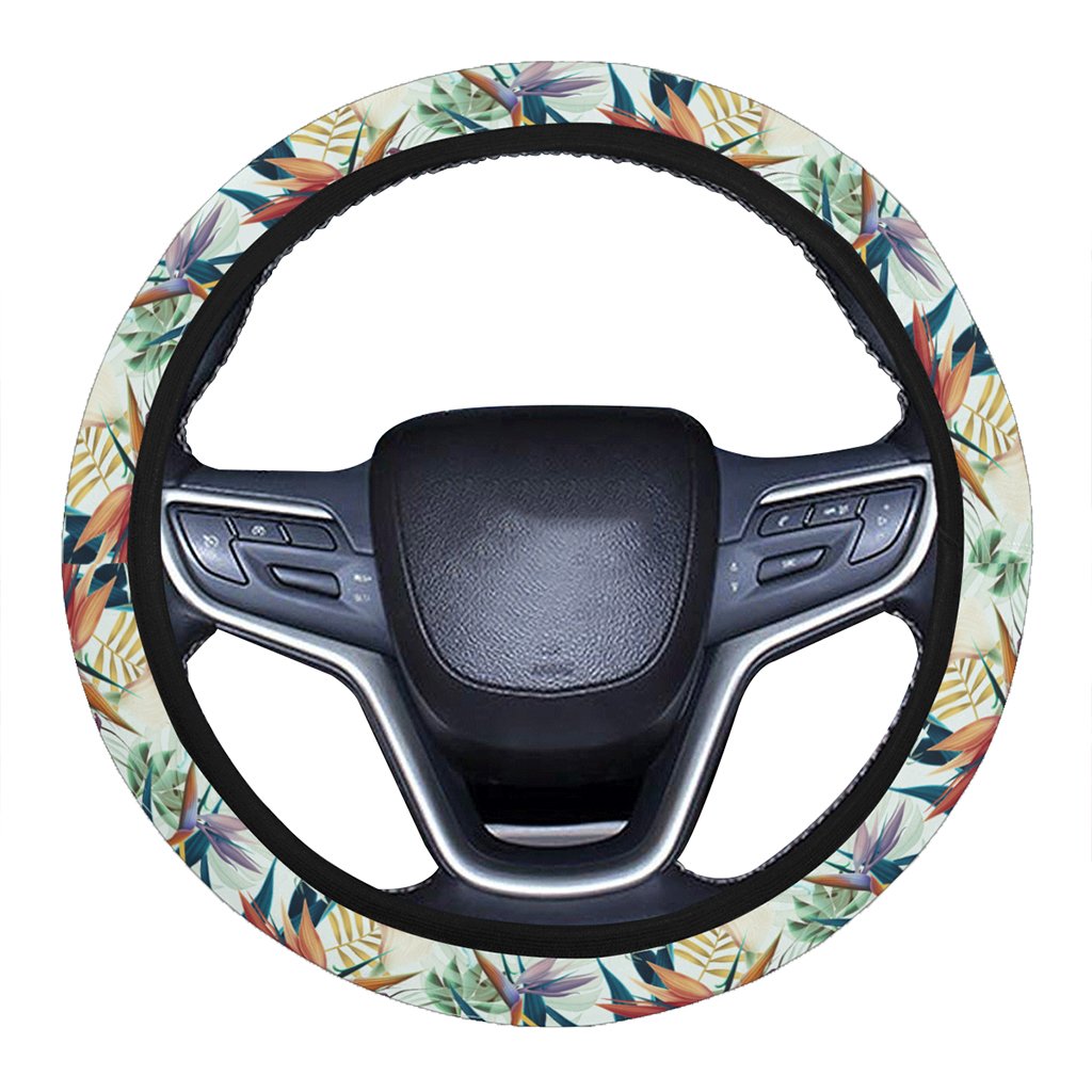 Hawaii Seamless Tropical Flower Plant And Leaf Hawaii Universal Steering Wheel Cover with Elastic Edge One Size Blue Steering Wheel Cover - Polynesian Pride