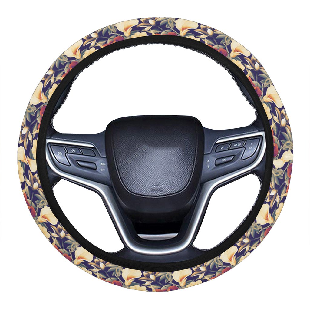 Hawaii Seamless Tropical Flower Plant And Leaf Pattern Background Hawaii Universal Steering Wheel Cover with Elastic Edge One Size Blue Steering Wheel Cover - Polynesian Pride