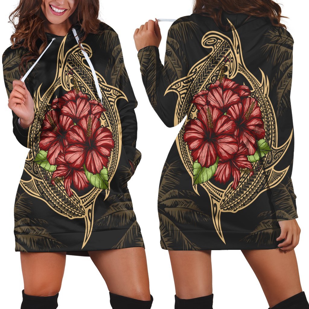 Hawaii Shark Hibiscus Gold Hoodie Dress - AH Black - Polynesian Pride