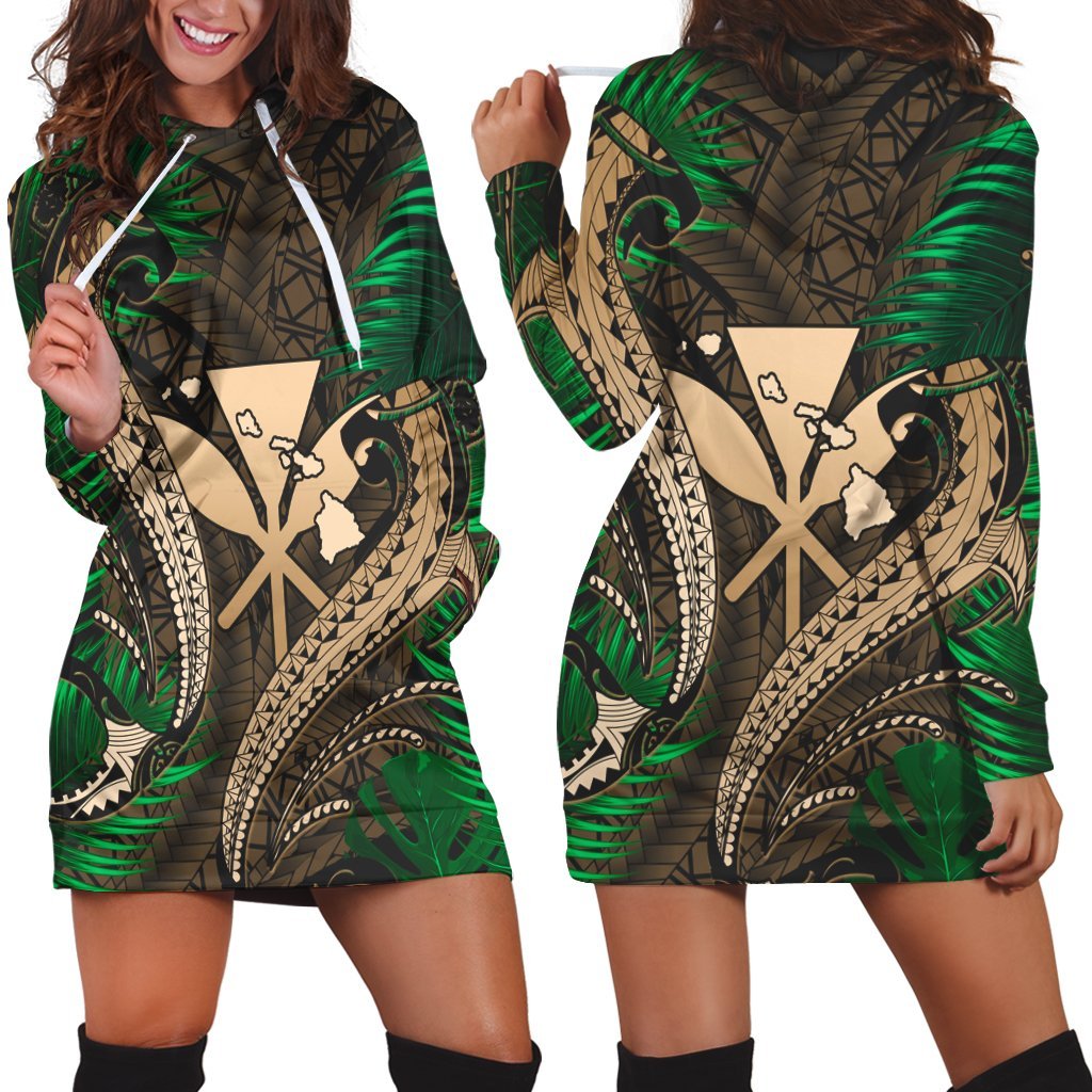 Hawaii Shark Polynesian Tropical Hoodie Dress - Gold - AH Black - Polynesian Pride