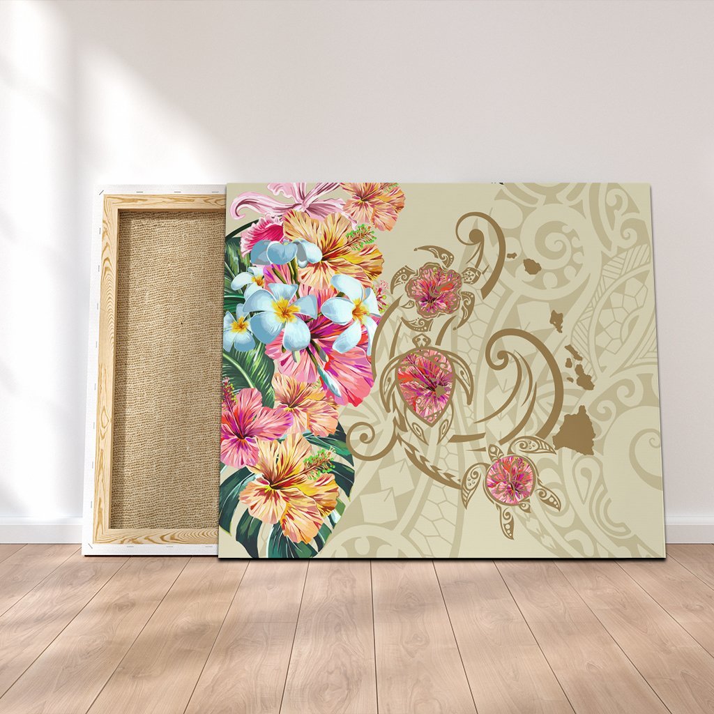 Hawaii Triple Marble Turtle Polynesian Hibiscus Canvas - AH - Benjamin Style - Beige Canvas Poly-cotton - Polynesian Pride