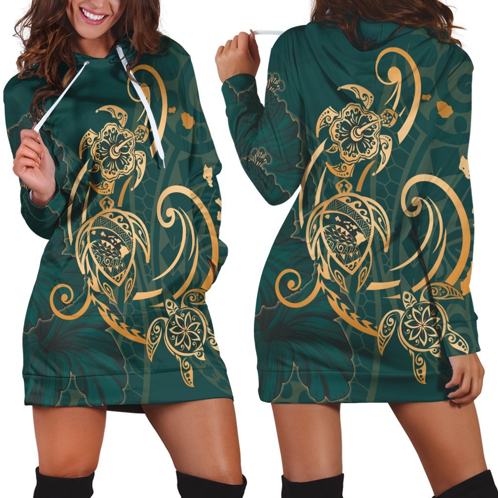 Hawaii Triple Marble Turtle Polynesian Hibiscus Hoodie Dress - AH - Benjamin Style - Green Black - Polynesian Pride