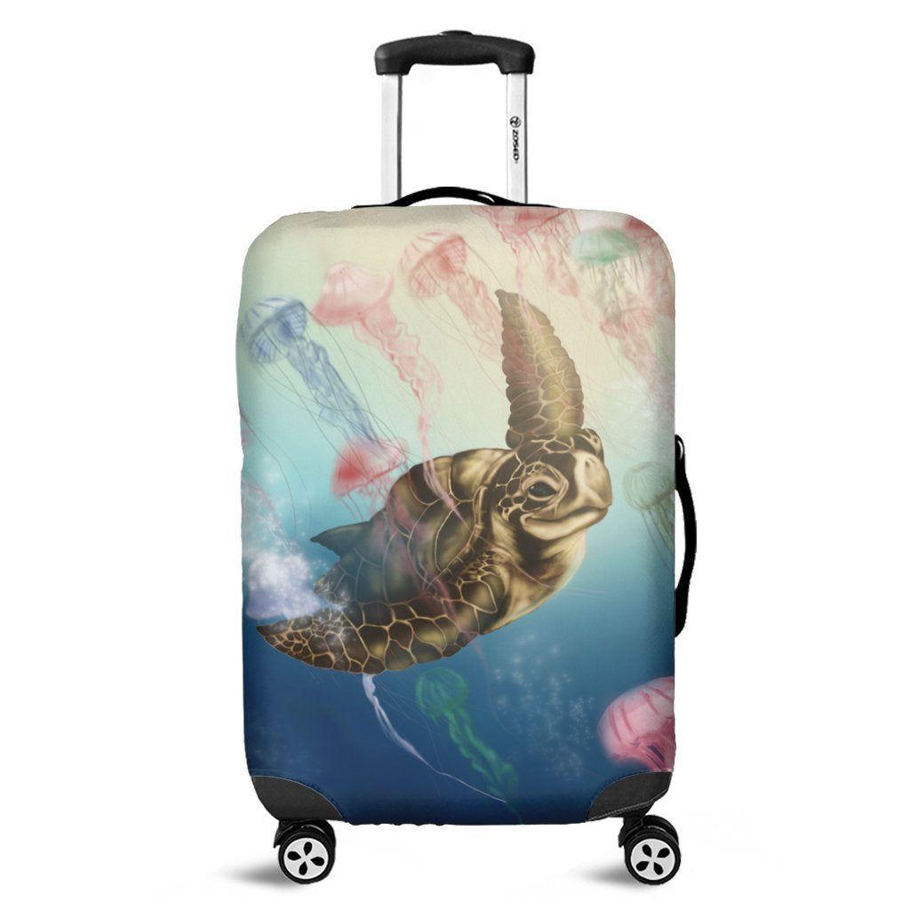 Hawaii Turtle And Jellyfish In Deep Sea Moana Luggage Covers - AH Black - Polynesian Pride