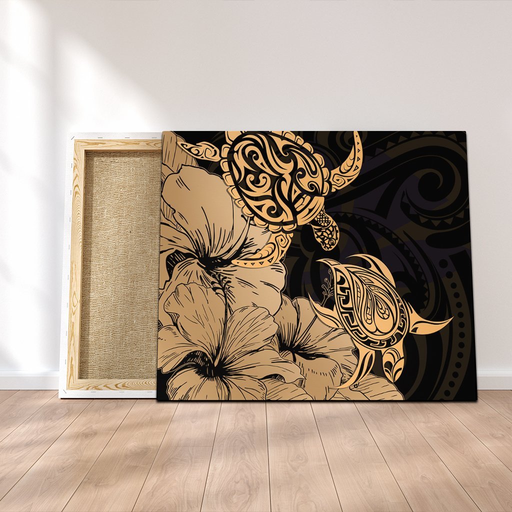 Hawaii Turtle Canvas Polynesian Hibiscus Art Gold - AH Canvas Poly-cotton - Polynesian Pride