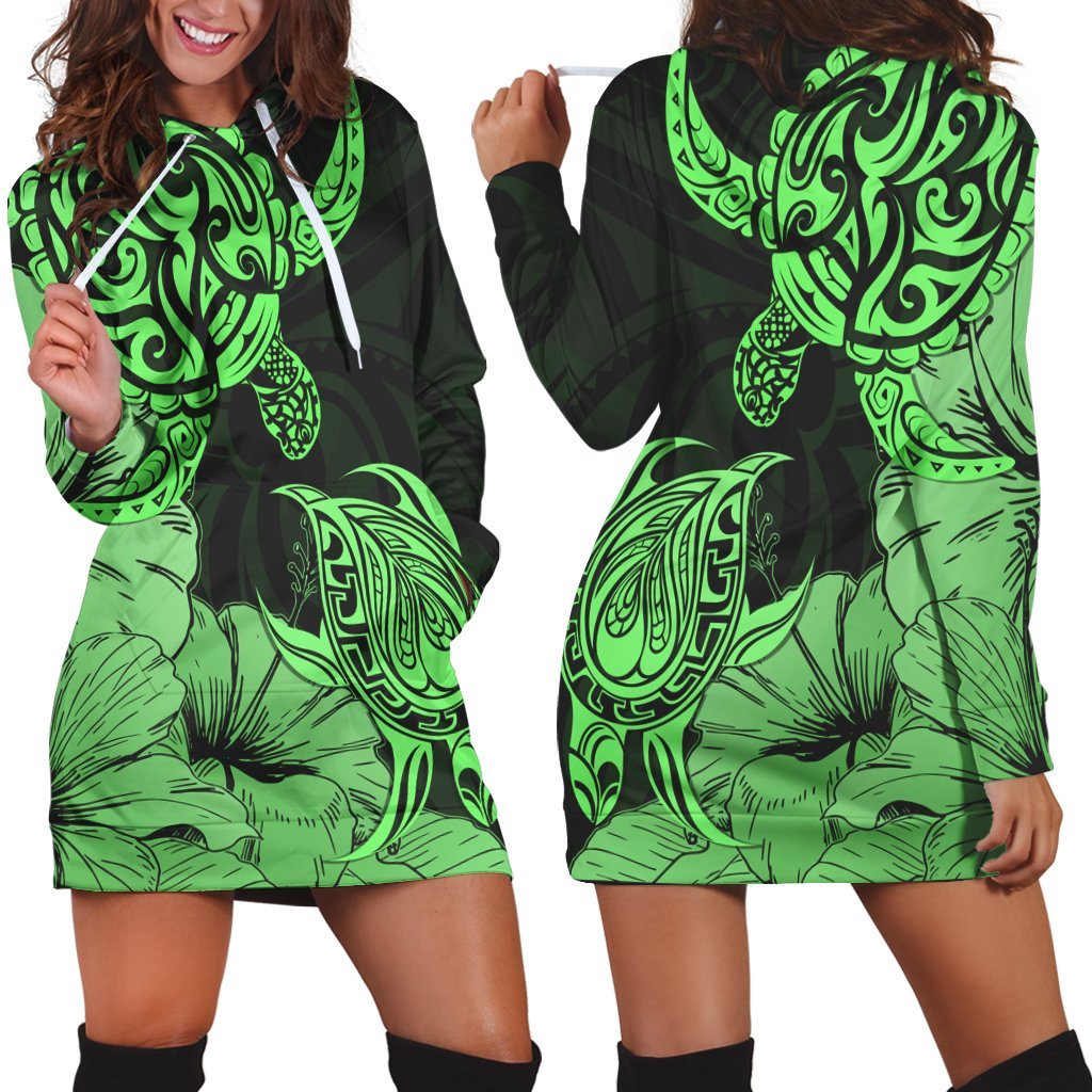 Hawaii Turtle Hoodie Dress Polynesian Hibiscus Art Green - AH Black - Polynesian Pride