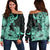 Hawaii Turtle Women's Off Shoulder Sweater Polynesian Hibiscus Art Turquoise - AH Black - Polynesian Pride