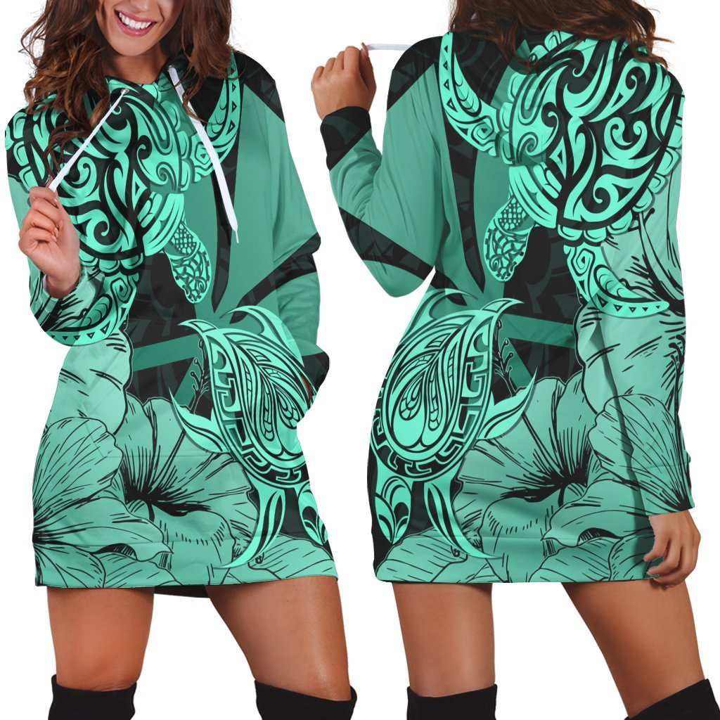 Hawaii Turtle Hoodie Dress Polynesian Hibiscus Art Ver 2.0 Turquoise - AH Black - Polynesian Pride