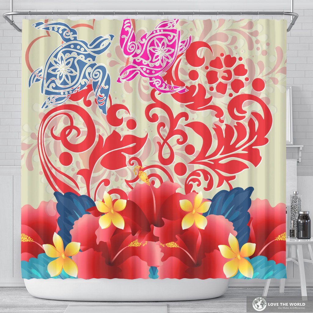 Hawaii Turtle Couple Hibiscus Valentine Pattern Shower Curtain - Romance Style - AH 177 x 172 (cm) Beige - Polynesian Pride