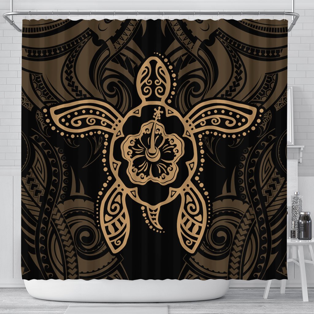 Hawaii Turtle Fixed Gold Shower Curtain AH 177 x 172 (cm) Black - Polynesian Pride