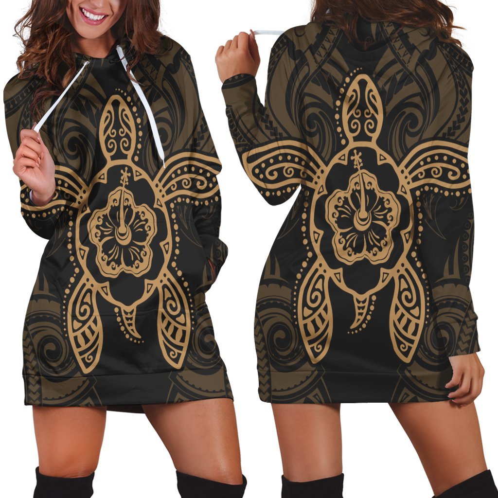 Hawaii Turtle Fixed Gold Hoodie Dress AH Black - Polynesian Pride