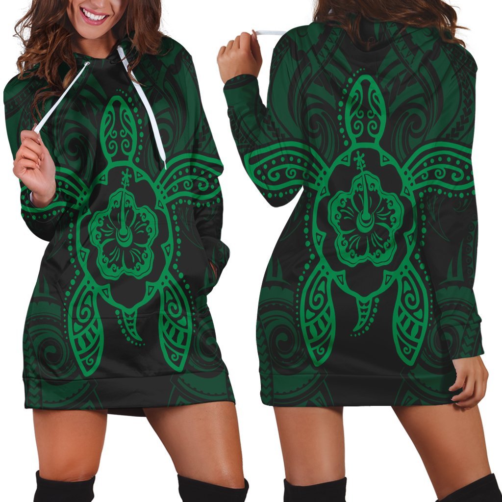 Hawaii Turtle Fixed Green Hoodie Dress AH Black - Polynesian Pride